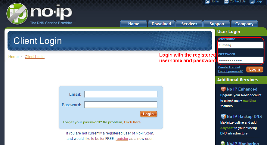 Παρακαλούμε εγγραφείτε βήμα- βήμα ακολουθώντας τις οδηγίες της ιστοσελίδας www.no-ip.com Μετά την εγγραφή, κάντε login χρησιμοποιώντας το email που δηλώσατε κατά την εγγραφή.