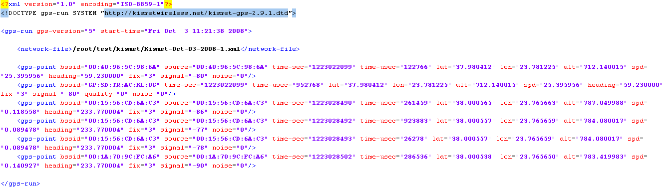 5.3.1.1 Λογισµικό ανάγνωσης δεδοµένων Τα αρχεία καταγραφής του Kismet αποτελούν αρχεία xml που ενθυλακώνουν την πληροφορία που µας ενδιαφέρει.