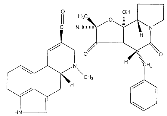 λυσεργικό οξύ, η κοινή δομή όλων των εργοτοαλκαλοειδών, απομονώθηκε το 1934. Κύριος εκπρόσωπος της οικογένειας είναι η εργοταμίνη [25]. Εικόνα 5. Χημική δομή της εργοταμίνης.