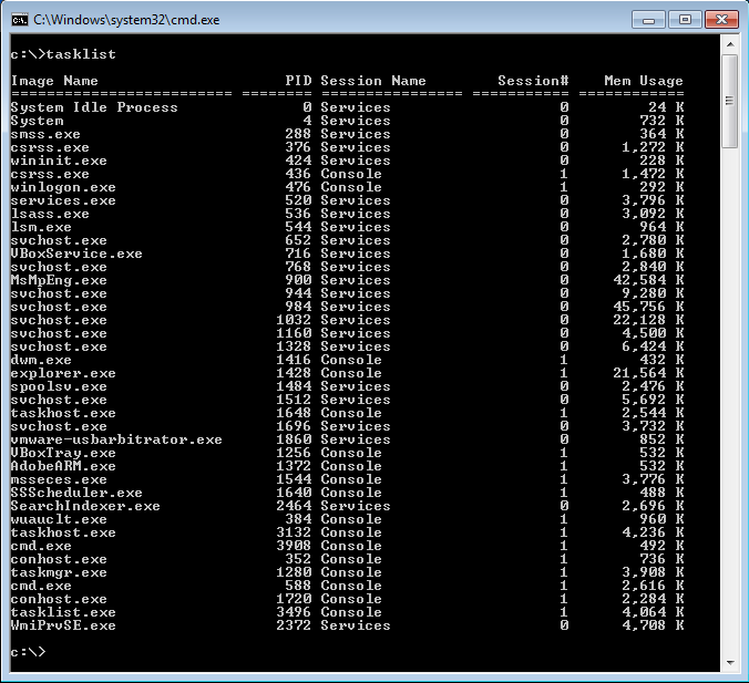 Επίσης, το ίδιο αποτέλεσμα έχουμε στην γραμμή εντολών και με τις εντολές C:\>tasklist (εικόνα 6) και C:\>wmic