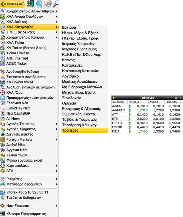 Χρηματιστήριο Αθηνών (ΧΑ) FXPlus Εμφάνιση πληροφοριών-κατηγορίες ΧΑ Επιλογή ΧΑ Κατηγορίες από το Κεντρικό Μενού του FXPLus.