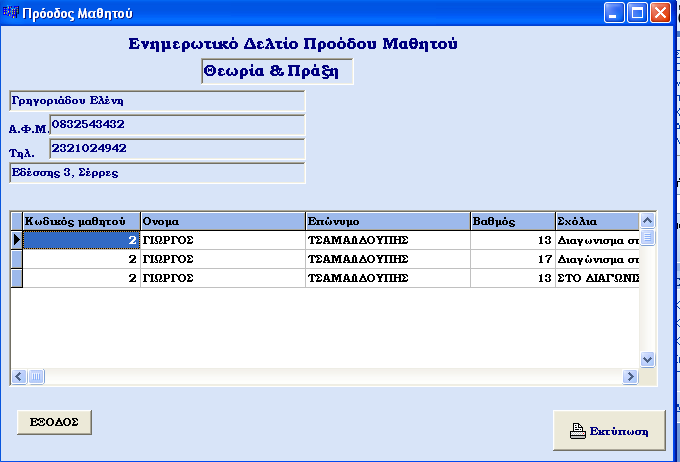 Εκτύπωση Παραστατικού Προόδου του μαθητή Ο Χρήστης εκτυπώνει τα στοιχεία που αφορούν τη πρόοδο του μαθητή για την ενημέρωση του γονέα.