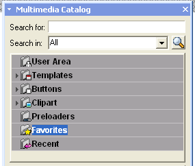 Κατάλογος πολυμέσων (Multimedia Catalog) Ο κατάλογος πολυμέσων περιλαμβάνει: Περιοχή του χρήστη (User Area) Φόρμες εμφάνισης της σελίδας (Templates) Κουμπιά (Buttons) Συλλογή εικονιδίων (Cliparts)