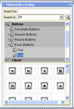 Κατάλογος πολυμέσων (Multimedia Catalog) Κουμπιά (Buttons) Το πρόγραμμα σας παρέχει την ευκαιρία να διαλέξετε μέσα από τις παρακάτω κατηγορίες κουμπιών: Κουμπιά σχεδιασμένα από το πρόγραμμα (Template