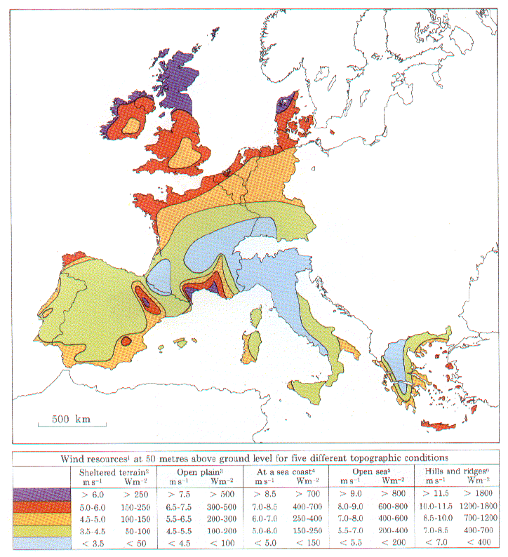 Στην εικόνα 1.4.6 φαίνεται ο αιολικός ευρωπαϊκός άτλας. Είναι φανερό πως όλη η περιοχή του Αιγαίου παρουσιάζει υψηλό αιολικό δυναμικό, από τα υψηλότερα σε όλη την περιοχή της Ευρώπης. Εικόνα 1.4.6: Αιολικός Άτλας της Ευρώπης (Crest, 2000) Η αιολική ενέργεια είναι μια ανανεώσιμη μορφή ενέργειας.