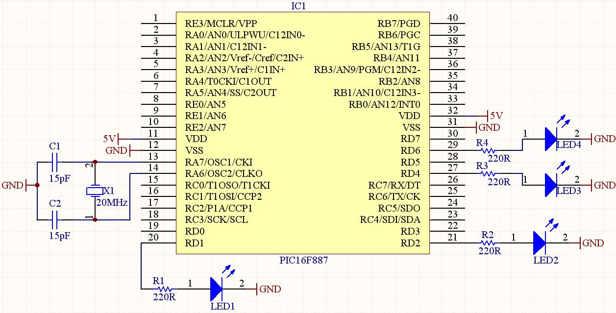 LED3 LED4 C1 C2 X1 = = = = = Δίοδος LED Δίοδος LED 15pF, 6V 15pF, 6V Κρύσταλος 20ΜΗz Εικόνα 2. Το κύκλωμα της εργαστηριακής άσκησης 3. α) Υλοποιήστε σε πειραματική πλακέτα το κύκλωμα της εικόνας 2.