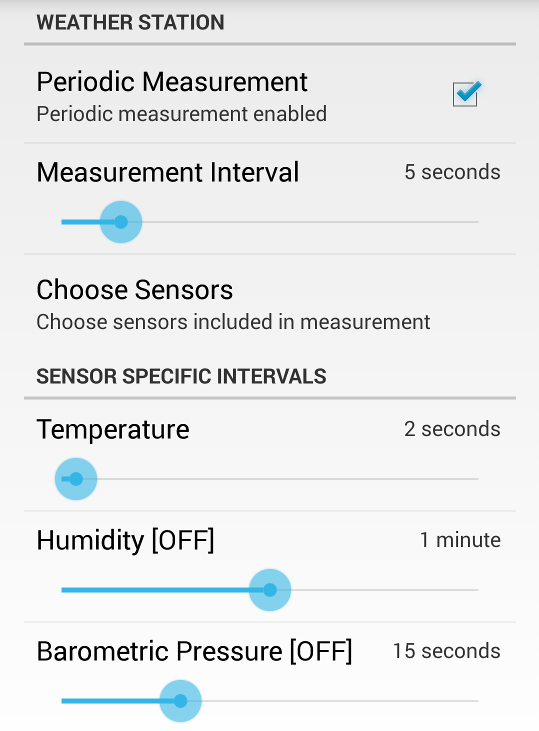 Android App: Weather Collector δύο τμημάτων του συστήματος. Στη συσκευή καταγραφής, η συγκεκριμένη ρύθμιση είναι μοναδική για κάθε service, ενώ στο Android app υπάρχουν πολλές διαφορετικές ρυθμίσεις.