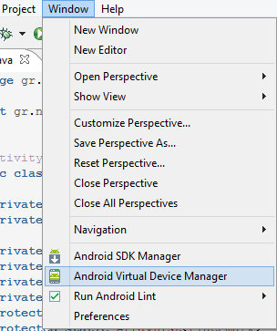Η επιλογή Android Virtual Device Manager θα μας βοηθήσει να δημιουργήσουμε εικονικές συσκευές πάνω στις οποίες θα εκτελέσουμε την εφαρμογή μας και θα
