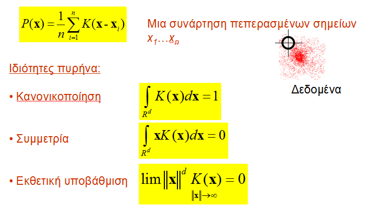 Κεφάλαιο 2 20 Ο υπολογισμός της πυκνότητας με τη χρήση πυρήνων (kernel density estimation) (γνωστός στη βιβλιογραφία της αναγνώρισης προτύπων και ως τεχνική Parzen παραθύρων) είναι η πιο γνωστή