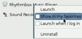Κάντε δεξί κλίκ σε κάποια εφαρμογή της αρεσκείας σας από το MintMenu και επιλέξτε το Show in my favorites. Στο παραπάνω παράδειγμα επιλέξαμε τον Rhythmbox να μπει στις αγαπημένες εφαρμογές.