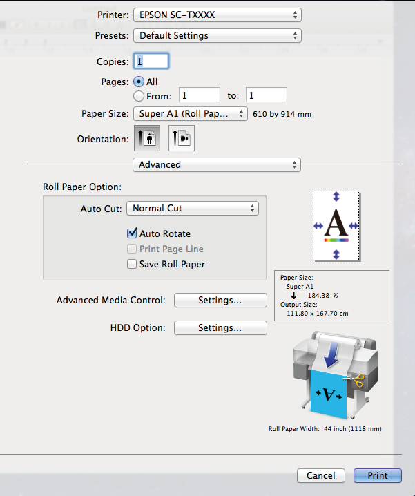 Περισσότεροι τρόποι εκτύπωσης C Κατά τη χρήση χαρτιού σε ρολό, επιλέξτε το στοιχείο Advanced (Για προχωρημένους) από τη λίστα και ενεργοποιήστε μια επιλογή Auto Cut (Αυτόματη αποκοπή).