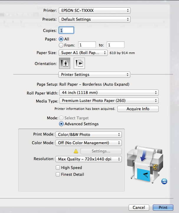 Εκτύπωση διαχείρισης χρώματος D Επιλέξτε το στοιχείο Printer Settings (Ρυθμίσεις εκτυπωτή) από τη λίστα και επιλέξτε το στοιχείο Advanced Settings (Σύνθετες ρυθμίσεις) για την επιλογή Mode