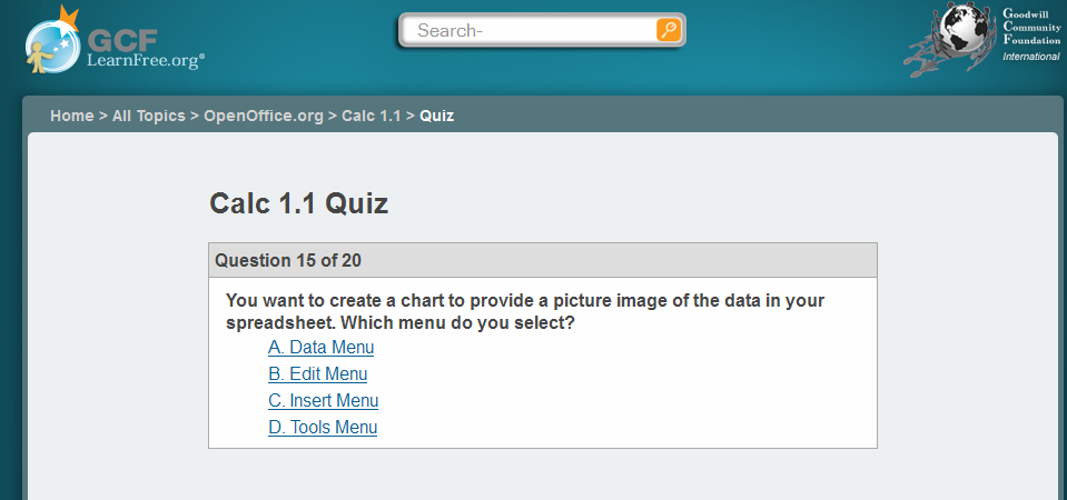 (Εικόνα 10) Παρακολούθηση tutorial για το OpenOffice Cacl στο gcflearnfree (Εικόνα 11) Μια ερώτηση από το online quiz για το