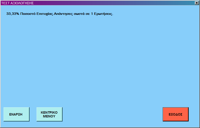 Στο τέλος του τεστ ο χρήστης ενηµερώνεται για το ποσοστό επιτυχίας του και τον αριθµό των απαντήσεων που απάντησε σωστά.