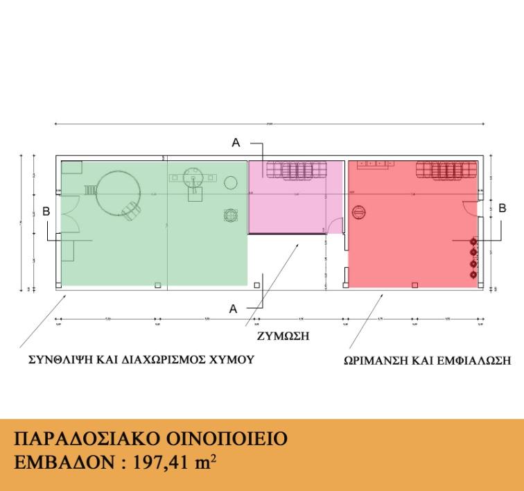 Στο βάθος του οικοπέδου βρίσκεται το οινοποιείο σε πλάγια θέση ώστε να είναι ορατό από όλους τους οικίσκους.