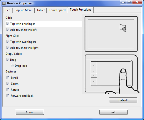 37 SETTING THE TOUCH FUNCTIONS Select TOUCH FUNCTIONS tab. Touch input options can be enabled or disabled and are dependent upon application support.