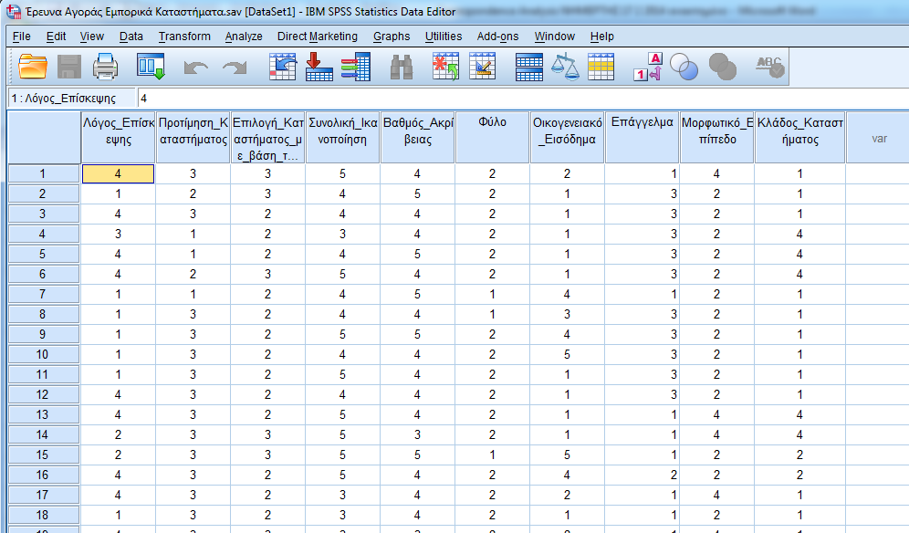 Εικόνα 33: Variable View από το Dataset του SPSS του αρχείου «Έρευνας Αγοράς Εμπορικά Καταστήματα.