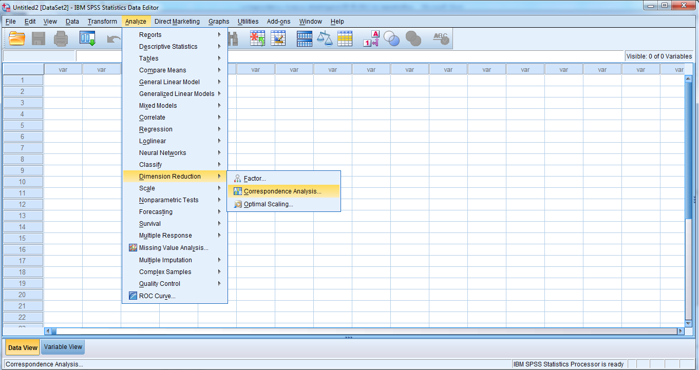 7.5: Περιγραφή Διαδικασίας Απλής Ανάλυσης Αντιστοιχιών Η Ανάλυση Αντιστοιχιών- Correspondence Analysis συμπεριλαμβάνεται στο στατιστικό πακέτο για κοινωνικές επιστήμες SPSS από τη 10 η έκδοση.