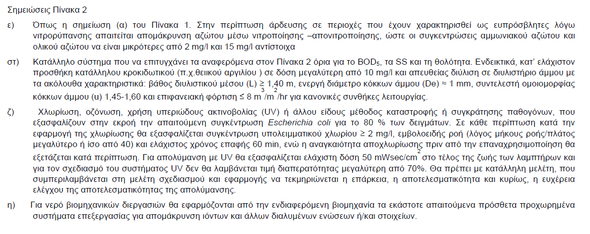 Πίνακας Α14: Μικροβιολογικά κριτήρια για απεριόριστη άρδευση που υιοθετούνται µε