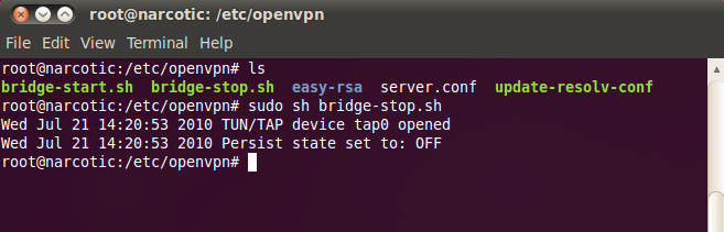 Για να τερματίσω το bridge των interface αρκεί να τρέξω το bridge-stop script για το οποίο πληκτρολογώ sudo sh bridge-stop.sh root@narcotic:/etc/openvpn# sudo sh bridge-stop.