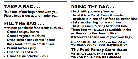 Holy Trinity Food Pantry God s Blessings Continue to OVERFLOW... TAKE A BAG ~ BRING A BAG Experiences continued Success in the 2nd Month. We have been able to deliver 40 bags of Food since Pascha!