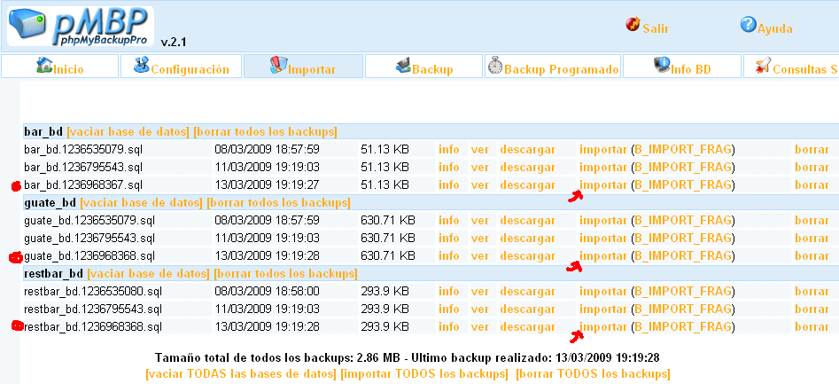 166 12. Backup Εικόνα 12.7. : Εισαγωγή Backup Από αυτή την σελίδα μπορείτε να εισάγετε τις πιο πρόσφατες βάσεις δεδομένων, στο πρόγραμμα.