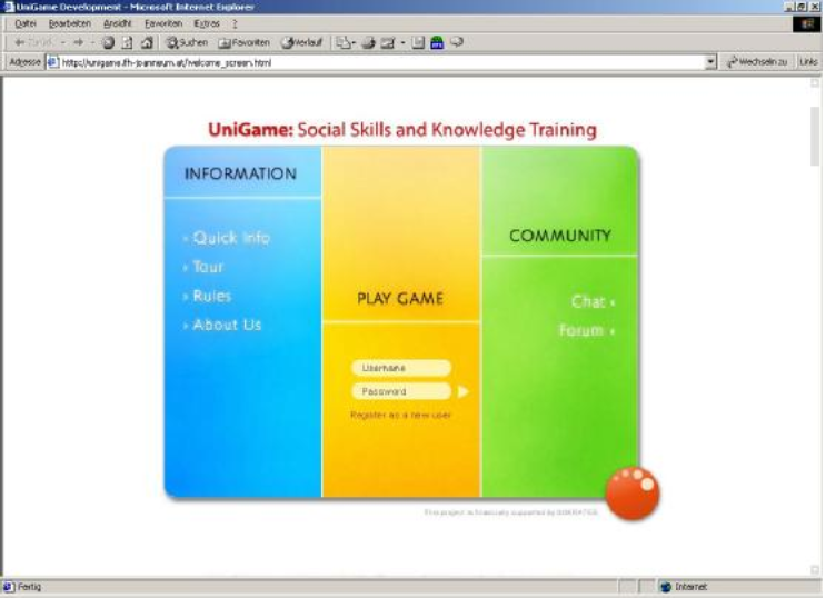 Εικόνα 19: Αρχική Οθόνη του Unigame Μπορεί να καταταχθεί σαν παιχνίδι ρόλων (RPG) που ενθαρρύνει την συμμετοχή σε επίλυση προβλημάτων, ομαδική εργασία, project management, όπως και άλλα