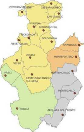 255329255 Χάρτης του Εθνικού Πάρκου του Monti Sibillini, στον οποίο παρουσιάζεται η διοικητική διαίρεση σε Δήμους και Επαρχίες.