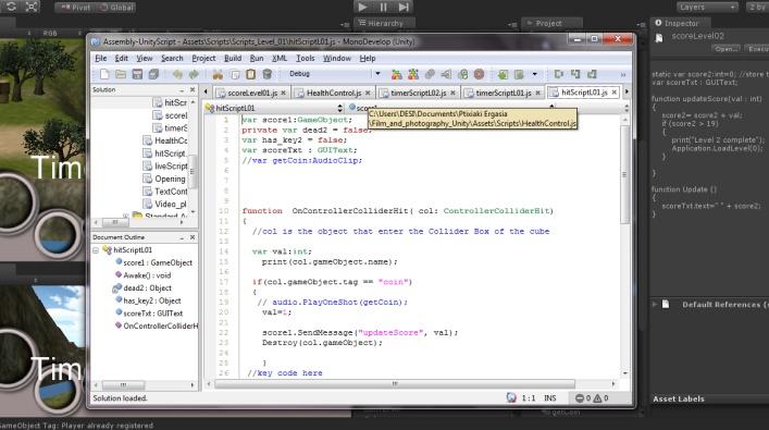 Η ενσωμάτωση του ειδικού κώδικα στο λογισμικό Unity3D έγινε μέσα από την γλώσσα προγραμματισμού Java Script (Εικόνα 32).