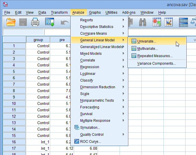 4.5 Ανάλςζη ζςνδςακύμανζηρ (ancova) Γηα λα εθαξκφζνπκε ηψξα ηε κέζνδν ηεο Αλάιπζεο πλδπαθχκαλζεο αθνινπζνχκε ηελ πνξεία Analyze General Linear Model Univariate (Οζφλε 4.11).
