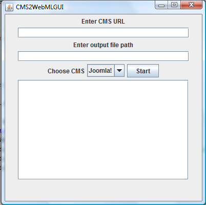 Εικόνα 129 CMS2WebML GUI Όπως φαίνεται και στην εικόνα η εφαρμογή περιέχει 2 text fields.στο πρώτο text field με label Enter CMS URL ο χρήστης εισάγει το αρχικό URL του Joomla ιστότοπου.