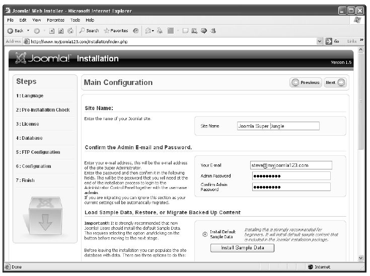 Εικόνα 58 Εγκατάσταση Joomla 5 Τα στοιχεία που καθορίζονται σε αυτήν την σελίδα είναι: Το όνομα του νέου Joomla site H email διεύθυνση του administrator Ο κωδικός του administrator (προαιρετικά)