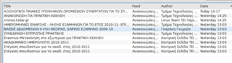 5.2.2 Δημιουργία RSS Feed Πριν προχωρήσουμε στη δημιουργία χρηστών, ώστε να μπορεί ο καθένας να έχει τις ανακοινώσεις που τον ενδιαφέρουν, δοκιμάσαμε να εκτυπώσουμε τα αποτελέσματα σε ένα RSS Feed.