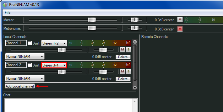 Στο παράθυρο του ReaNINJAM πατήστε Add Local Channel Στο νέο channel επιλέξτε Stereo 3/4 όπως στη φωτό.