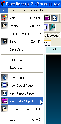 Πατάμε διπλό κλικ στο component RvProject1 και ανοίγει το περιβάλλον εργασίας του Rave Reports. Για να ξεκινήσουμε νέα αναφορά : File New.