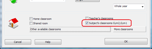 For specific lessons like physical education you will not use home classrooms or shared rooms but rather specify the exact room(s): Important: the software will use ONE of the specified rooms.