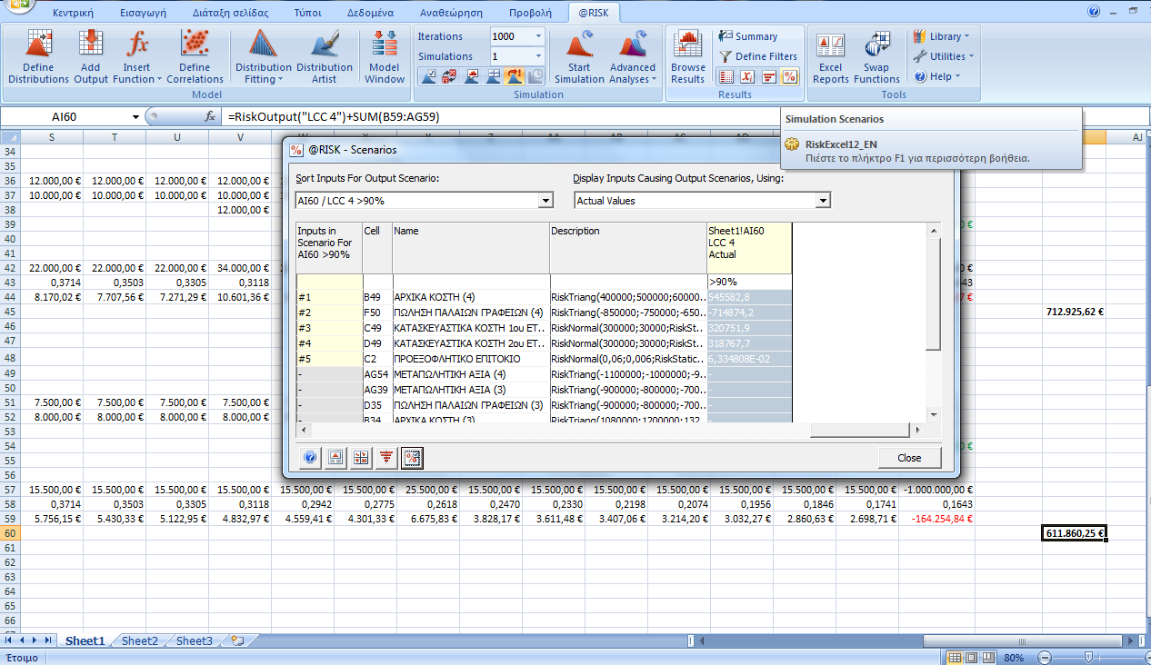ΒΗΜΑ 7: Ανάλυση Σεναρίων. Για να πραγματοποιήσουμε Ανάλυση Σεναρίων μέσω του @RISK, επιλέγουμε το εικονίδιο Simulation Scenarios (Εικόνα Π17).