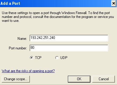 ην πεδίν Name ηνπ παξαζύξνπ «Add a Port» εηζάγεηε ηελ ip 193.242.251.240 ζην port number πιεθηξνινγείηε 80 θαη επηιέγεηε ην TCP όπωο θαίλεηαη ζηελ παξαθάηω νζόλε.