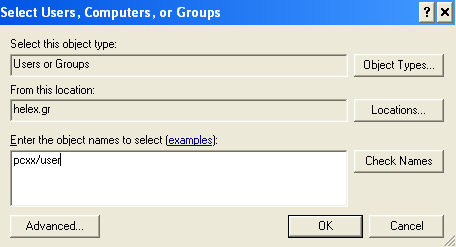 Βήμα 4 ην παξάζπξν κε ηίηιν «Select Users, Computers, or Groups» ειζάγεηε ην host name ηνπ ζηαζκνύ εξγαζίαο ζαο θαζώο επίζεο θαη ηο όνομα ηος σπήζηη επιλέξηε check names γηα λα επηβεβαηώζεηε όηη