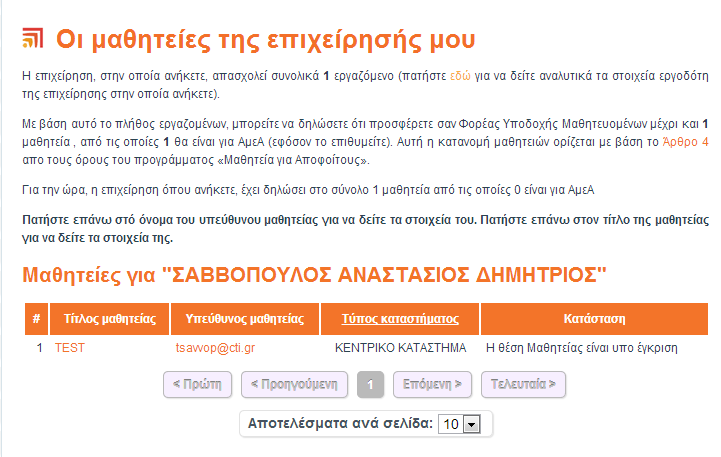 Διαδικασία Επικύρωσης Θέσης Μαθητείας Πατώντας το κουμπί Οι μαθητείες της επιχείρησης μου εμφανίζονται όλες οι δηλωμένες μαθητείες της επιχείρησης σε μορφή λίστας.