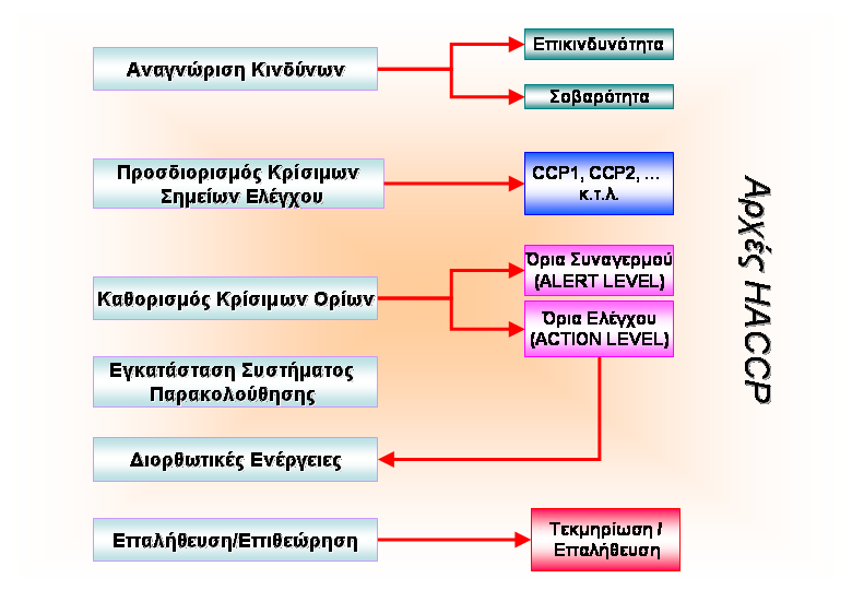 Οη Αξρέο ηνπ Haccp ε θάζε ζηάδην ηεο παξαγσγηθήο δηαδηθαζίαο, αλαγλσξίδνληαη φινη νη πηζαλνί θίλδπλνη (θπζηθνί, ρεµηθνί θαη µηθξνβηνινγηθνί), αμηνινγείηαη ε ζεµαζία ηνπο θαη πεξηγξάθνληαη ηα µέηξα