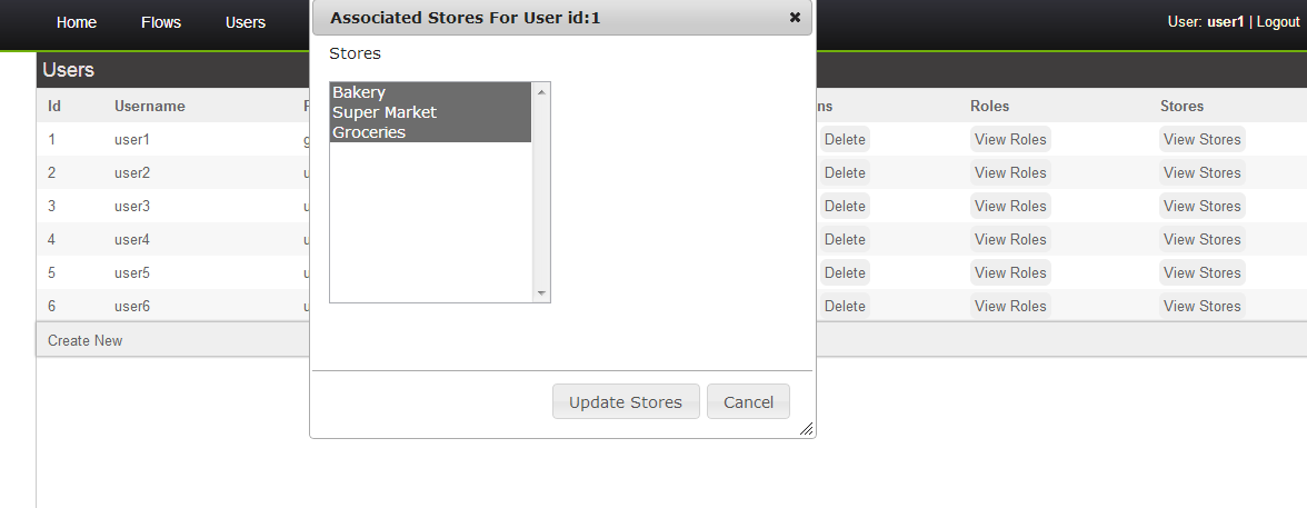 Figure 16: Οι assigned ρόλοι του χρήστη user1 φαίνονται επιλεγμένοι με σκούρο χρώμα Κάθε χρήστης εκτός των assigned security roles, ανήκει και σε μια ή περισσότερες αποθήκες (stores).