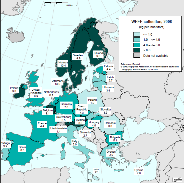 Σχήμα 5.13. Τα ποσοστά συλλογής ΑΗΗΕ σε όλη την Ευρώπη (Πηγή: Ευρωπαϊκή Επιτροπή - Eurostat, 2008) http://epp.eurostat.ec.europa.