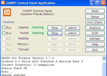 Εικόνα 6 Control Panel XAMPP Από εδώ µπορούµε να εκκινήσουµε/σταµατήσουµε τον web server µας (Apache), τη µηχανή της βάσης δεδοµένων (MySql), καθώς και έναν ftp server (FileZilla) και ένα smtp server