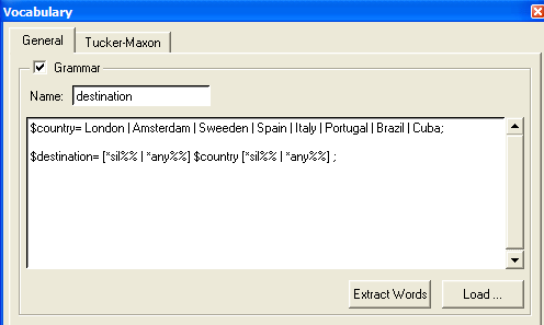 Από την πρώτη καρτέλα του παραθύρου (General) επιλέχθηκε το Grammar και στην συνέχεια τοποθετήθηκε το όνοµα destination το οποίο είναι το όνοµα της γραµµατικής που θα δηµιουργηθεί.