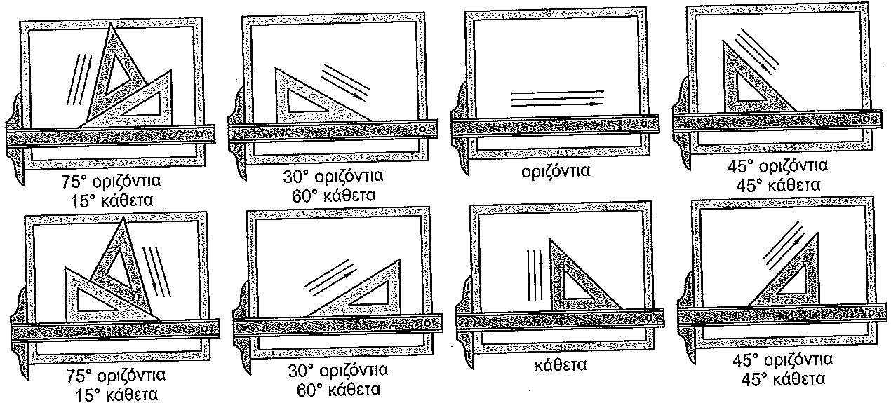 Κατεύθυνση Σχεδίασης με Χρήση Τριγώνων Οι περισσότερες γραμμές που σχεδιάζονται στο Μηχανολογικό Σχέδιο και έχουν κλίση, είναι