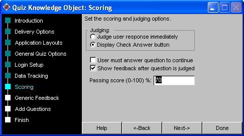 Scoring (Σκορ): Εδώ ορίζουμε κάποιες επιλογές, που έχουν σχέση με το σκορ των απαντήσεων. Στο πεδίο Judging μπορούμε να επιλέξουμε: o Judge user.