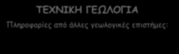 ΤΕΧΝΙΚΗ ΓΕΩΛΟΓΙΑ Πληροφορίες από άλλες γεωλογικές επιστήμες: Πετρολογία Τεκτονική Γεωλογία (Δομή Καταπόνηση-Διατμήσεις - Τάσεις) Στρωματογραφία (Σειρά