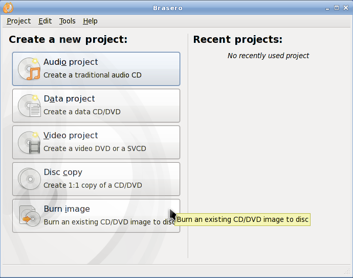 Brasero Το Brasero είναι μια εφαρμογή για να εγγράψετε CD/DVD.
