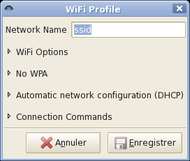 Στα δεξιά, υπάρχουν 5 κουμπιά με τις δυνατές ενέργεις με το wifi-radar : New: δημιουργία νέου προφίλ Edit: επεξεργασία προφίλ Delete: διαγραφή προφίλ Connect: σύνδεση με ένα ασύρματο δίκτυο